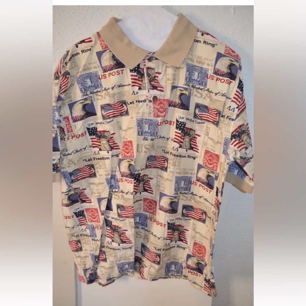 Vintage All Over Print Polo Shirt USA Post Office American Flag Men's SZ M
